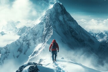 Mountaineer trekking on a snow-covered peak during a cloudy winter day in the mountains