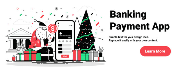 Santa banking payment app Christmas New Year 2025 concept with Santa using smartphone near tree gifts bank building festive decorations