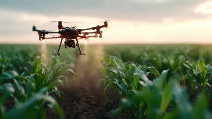 A drone hovers above a lush cornfield at dusk, symbolizing modern agriculture technology's role in enhancing food production and ensuring sustainable farming practices.