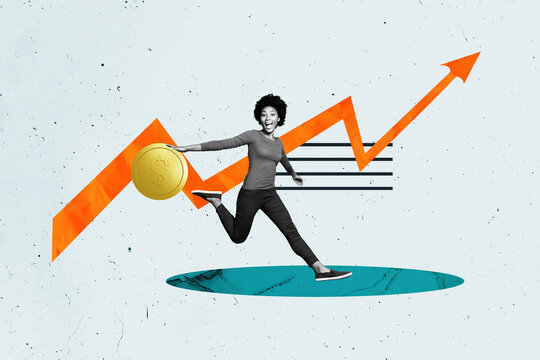 Fototapeta Creative art poster banner 3d collage photo of happy businesswoman run arrow development statistics coin dollar income capital