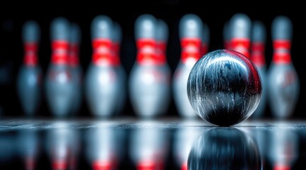 Bowling Ball and Pins Ready for Action on a Reflective Lane.