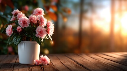 A pot filled with beautiful pink flowers is illuminated by the warm light of sunset, creating a captivating blend of color and warmth that embodies the beauty of nature.