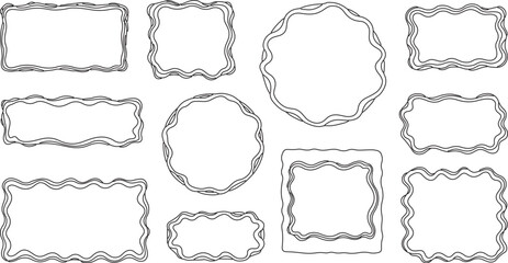 Set of 10 Decorative Frames with Wavy Edges Rectangular Square and Round Shapes Isolated on Transparent Background Hand Drawn Vector Border Elements Doodle Style for Design and Decoration.