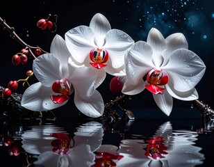 Białe kwiaty storczyka na czarnym tle odbijające się w powierzchni wody
