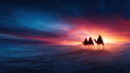 Silhouettes of camels gracefully traverse the desert during a stunning sunset, symbolizing adventure and serenity amidst the vibrant colors of the twilight sky.