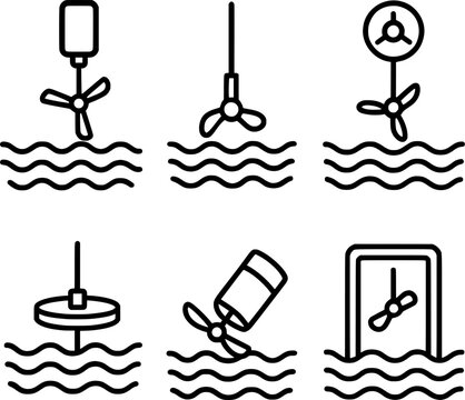 Renewable ocean wave energy conversion turbine icon set