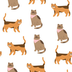 Seamless pattern with brown cats. Funny cats in different poses. Flat graphic vector illustrations isolated on white background. Set of pet animals.