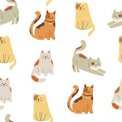 Seamless pattern with brown and red cats. Funny cats in different poses. Flat graphic vector illustrations isolated on white background. Set of pet animals.