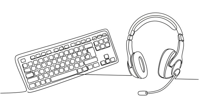 Minimalist illustration of a computer keyboard and headset on a plain background