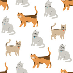 Seamless pattern with red, gray and brown cats. Funny cats in different poses. Flat graphic vector illustrations isolated on white background. Set of pet animals.