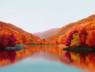 Obraz premium Scenic autumn landscape featuring vibrant foliage reflected in a serene lake. Ideal for travel, nature, or seasonal content, evoking peace beauty.