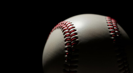 "Iconic Baseball Close-Up: Red Stitching & White Leather in Dramatic Lighting Against Dark Background"