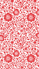 Perfect for fabric, wallpaper, packaging, and digital backgrounds. This vintage-inspired textile design features intricate hand-drawn flowers, leaves, and dots, creating a charming repetitive folk art