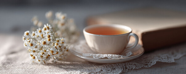 Serene still life of herbal tea, daisies, and a book. Evokes relaxation, wellness, and mindfulness. Perfect for blog headers, articles,  marketing materials.