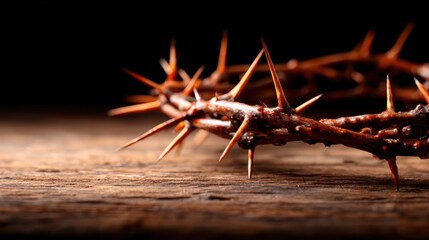 A crown of thorns rests on a rustic wooden surface, representing sacrifice and reflection, evoking deep emotions and thoughts about hardship and resilience in life.
