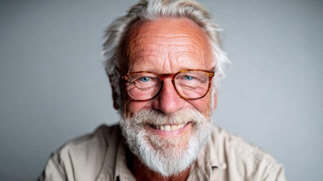 A joyful senior man with glasses and a white beard, exuding wisdom and warmth. His bright blue eyes reflect a lifetime of stories, capturing a moment of happiness.