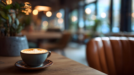 Modern cafe setting with cappuccino on a table, seat and background blurred