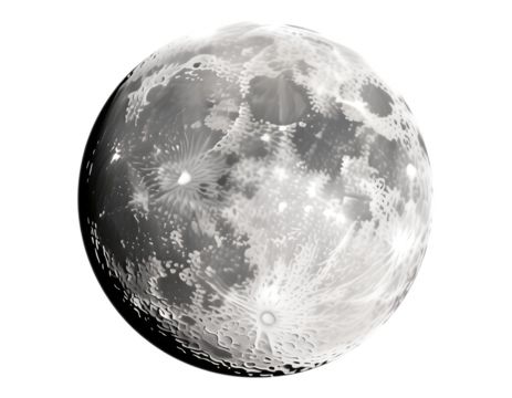 Glossy Silver Moon with Crater Details, Full Moon Illustration on Transparent Background
