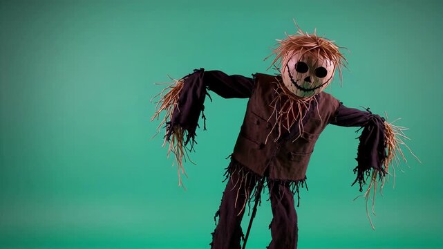 Spooky scarecrow winks, then dramatically falls against vibrant green for Halloween fun, perfect for autumn promotions and seasonal events