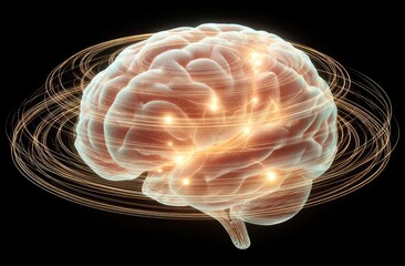 Obraz premium A glowing human brain with orbiting energy rings and illuminated neural pathways