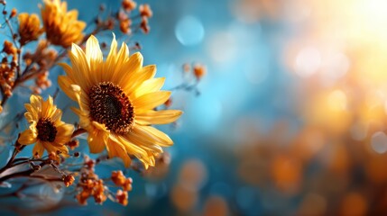 A stunning close-up of vibrant sunflowers bathed in warm sunlight, with a dreamy bokeh background that evokes feelings of joy, positivity, and the beauty of nature.