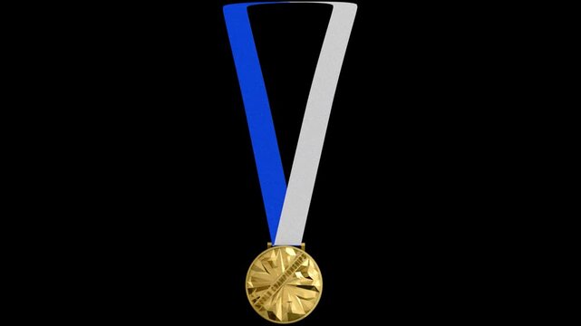 Gold Medal Award With Blue And Silver Ribbon On Black Background Signifying Victory And Achievement