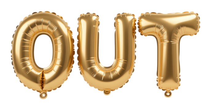 Gold Foil Balloon Letters "OUT" on Transparent Background, Glossy 3D Realism Design Element