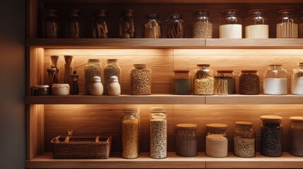 Pantry shelves with various food staples in clear jars. Organized kitchen storage for healthy cooking and sustainable lifestyle.