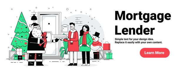 Santa Christmas home gift key exchange festive scene with couple snowman decorated tree presents winter outdoor background website banner