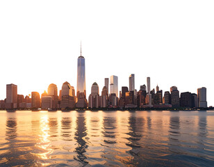 Modern City Skyline at Sunset with Reflections