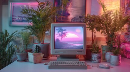 Fototapeta premium Retro monitor displaying synthwave beach landscape with palm trees and sunset. Vaporwave aesthetic for nostalgic computer art, digital design.