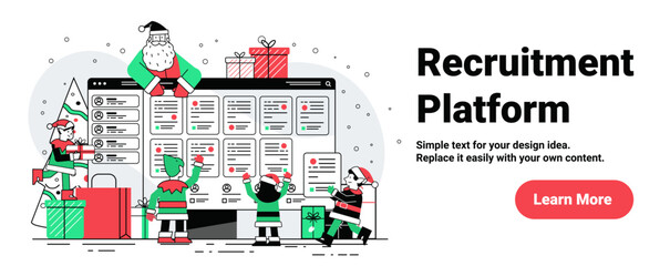 Santa Christmas recruitment platform elves teamwork gifts digital dashboard festive tree holiday website banner template