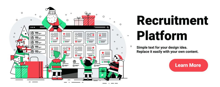 Santa Christmas recruitment platform elves teamwork gifts digital dashboard festive tree holiday website banner template