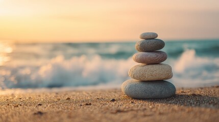 Fototapeta premium Stone cairn on sandy beach with calm ocean wave background at sunset. Balance and harmony concept. For mindfulness, meditation.