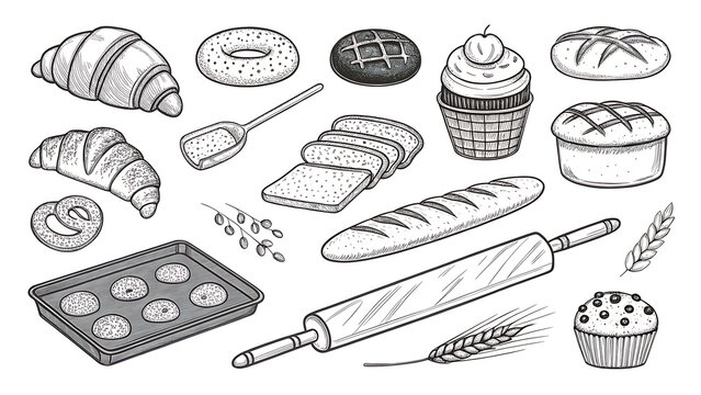 Hand drawn bakery items and baking tools sketch collection