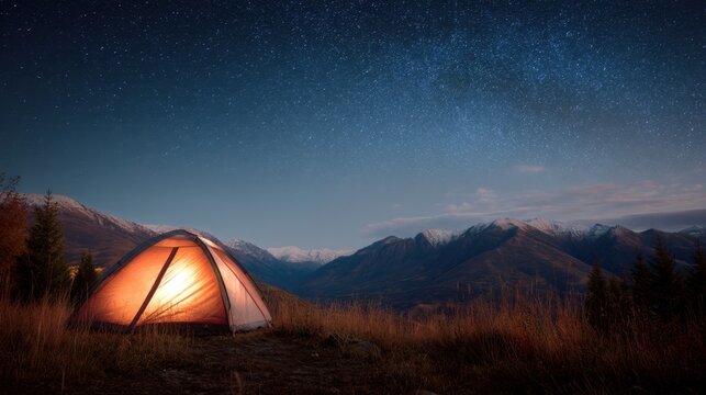 Illuminated camping tent under a starry night sky with snow-capped mountains. Outdoor adventure and relaxation with nature for travel blog or website.