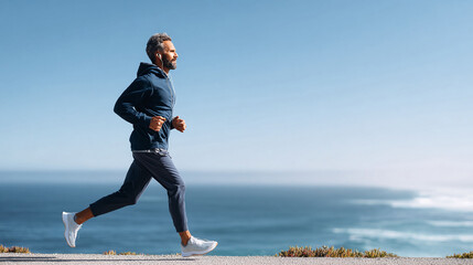 Active lifestyle image of a mature man jogging by the sea, emphasizing health, wellness, and determination. Suitable for fitness, travel, or lifestyle content.