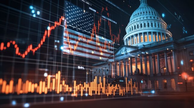 US Capitol building with digital financial graph overlay. Concept of american economy, government spending, and market analysis for business.