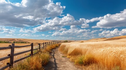 Obraz premium Dirt path winding through golden wheat field under blue sky with fluffy white clouds, a wooden fence alongside the trail for a rural setting.