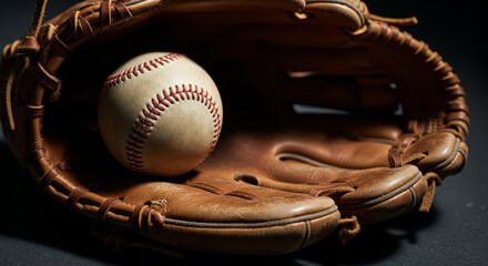 "Baseball in Glove Close-Up: Red-Stitched Ball Cradled in Textured Leather Captures Tradition & Team Spirit"