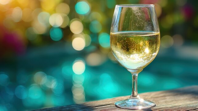 Glass of white wine on a wooden deck next to a swimming pool with bokeh lights in background, representing relaxation and vacation. - Powered by Adobe