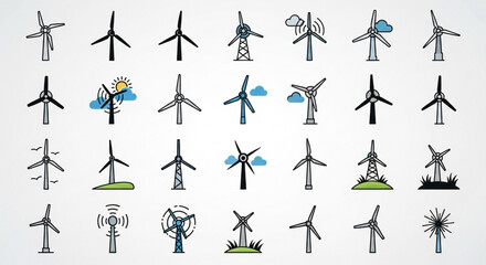 Hand drawn wind turbine collection renewable energy source sustainable power generation ecofriendly electricity