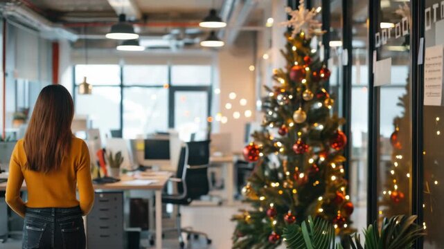 Woman in office decorated for holiday season with lights and Christmas tree