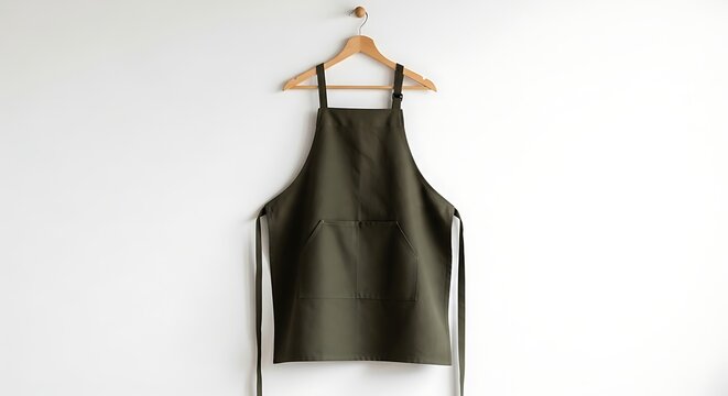Minimalist Dark Green Apron Hanging on Wooden Hanger Against White Wall.