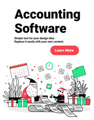 Santa Claus accounting Christmas office elf paperwork gifts calendar clock plants festive workspace documents modern website banner