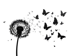 Dandelion Silhouette with Flying Butterflies