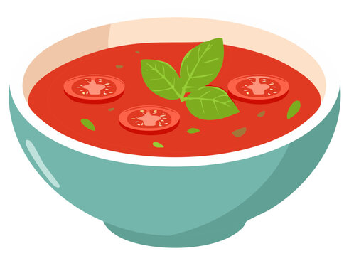 tomato soup in blue bowl, basil garnish clip art preview