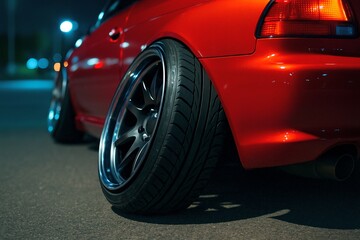 A vibrant red sports car gleams under city lights showcasing its sleek bodywork and custom alloy wheels at night