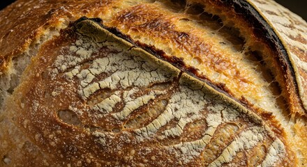 Closeup of a goldenbrown crusty sourdough loaf with scoring patterns and powdery flour coating showcasing its texture and artisanal qualities