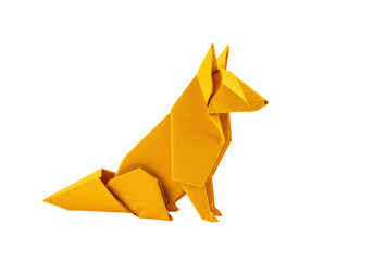 Isolated golden origami fox made of paper in the style of a low-poly model, sitting still